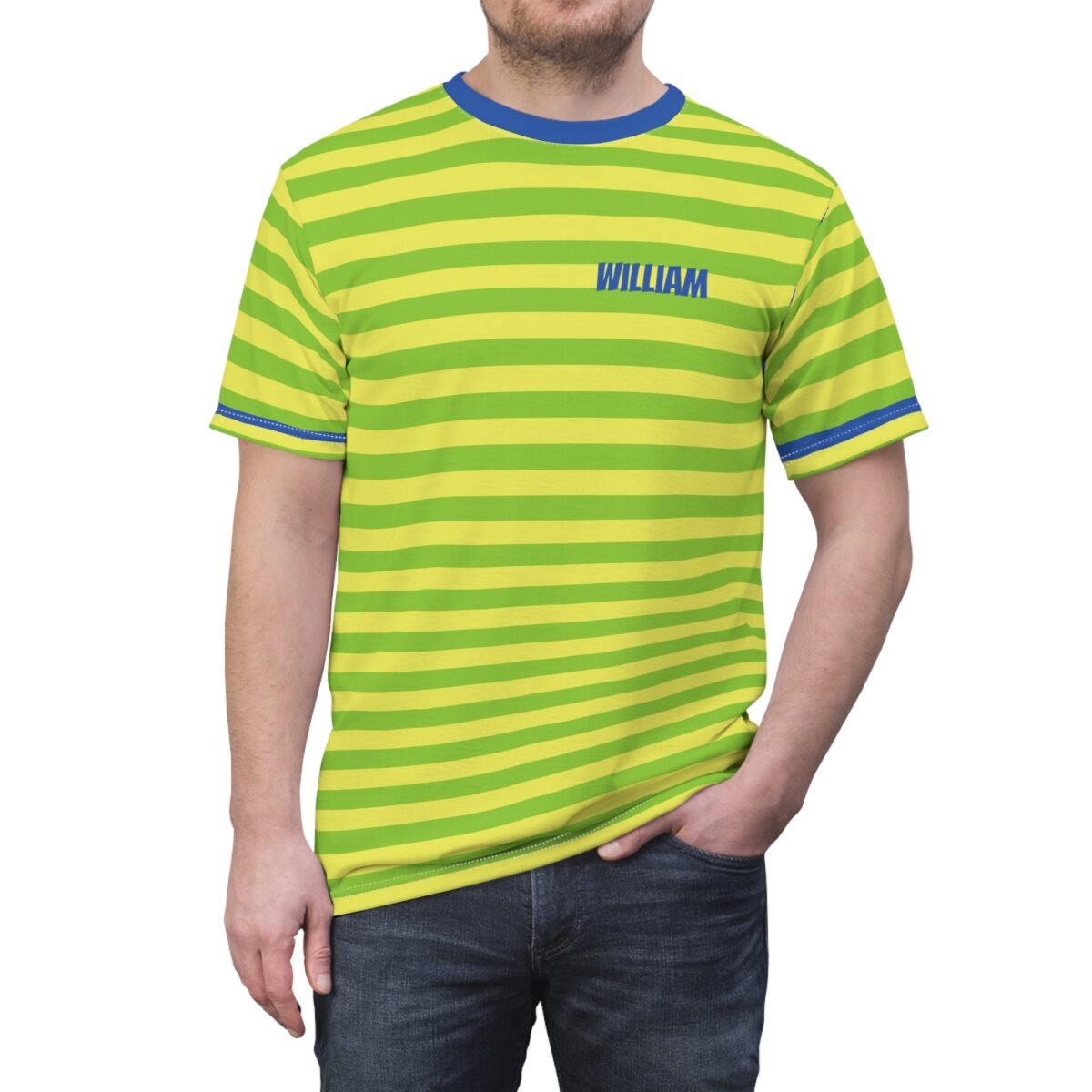 90s Vibe Retro Shirt – Yellow & Green Stripes with Blue Collar – Feel Like a Fresh Prince in this Vintage-Inspired Tee - Image 5